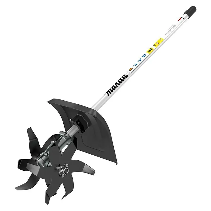 Makita Kultivator Aufsatz KR400MP - 16 cm Arbeitsbreite - Makita Gartenfräsenaufsatz mit schwarzen sternförmigen Klingen, silbernem Getriebe und Schutzschild am weißen Schaft.