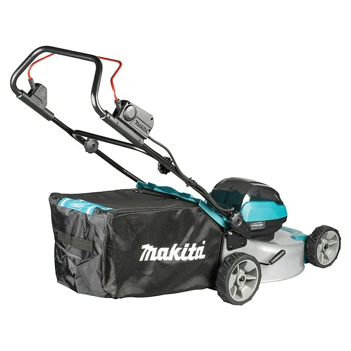 Makita LXT 18V Akku-Rasenmäher DLM466PT2 - 18 V, 2 Akkus, 5 Ah, Schnittbreite: 46 cm - Makita Akku-Rasenmäher mit schwarzem Griff, rotem Kabel, türkis-grauem Gehäuse und schwarzem Fangkorb.