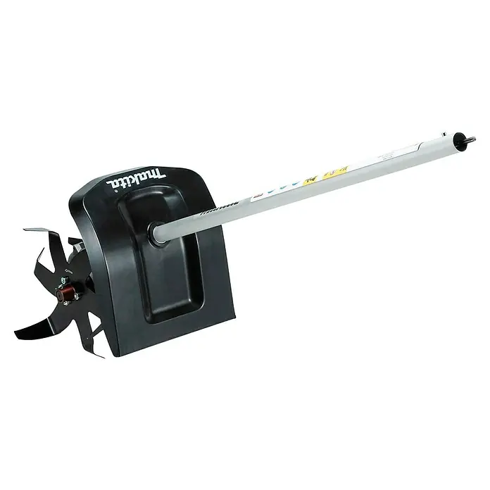 Makita Kultivator KR401MP - Passend für: DUX18, DUX60, UX01G - Makita Bodenfräsenaufsatz: grauer Schaft, schwarzes Gehäuse, Metallzinken zur Bodenbearbeitung.