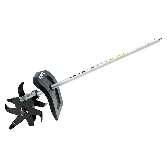 Makita Kultivator KR401MP - Passend für: DUX18, DUX60, UX01G - Schwarzer Makita Bodenfräsenaufsatz mit sternförmigen Klingen und silbernem Schaft für die Bodenbearbeitung.