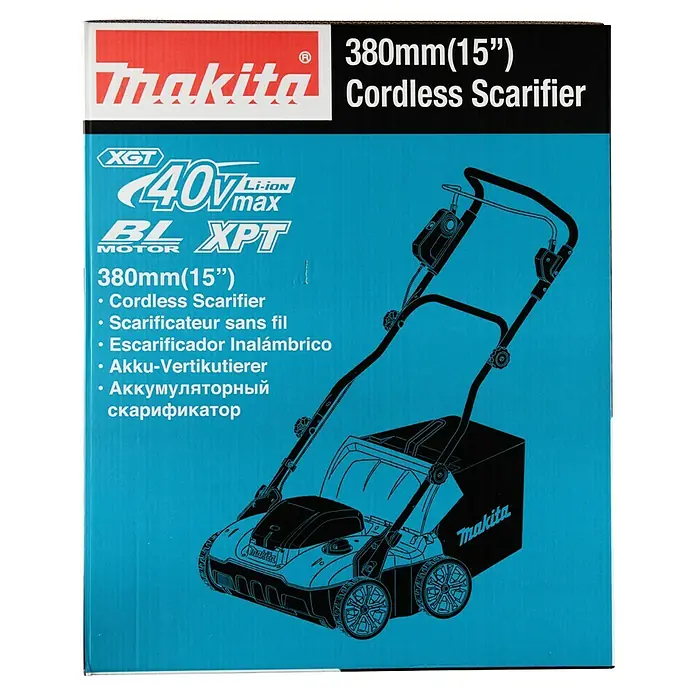 Makita XGT 40V max. Escarificador de batería UV001GZ - Número de baterías: Sin batería, 40 V, Anchura de trabajo: 38 cm - Embalaje del escarificador inalámbrico Makita 40V XGT de 380mm (15") con ilustración y especificaciones.