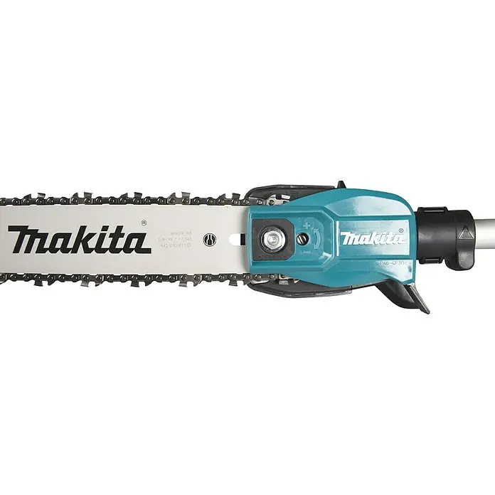Makita Hochentaster-Aufsatz EY403MP - Passend für: DUX18, DUX60, DUX01G - Makita Hochentaster-Sägekopf mit türkisfarbenem Motorgehäuse, schwarzem Griffteil und einer Metallkette auf weißem Schwert.