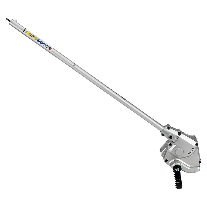 Makita Stahlrad für Motorhacke WA400MP - Passend für: DUX18, DUX60, UX01G - Langes silbernes Hochentaster-Anbaugerät mit grauem Getriebekopf und schwarzem Asthaken.