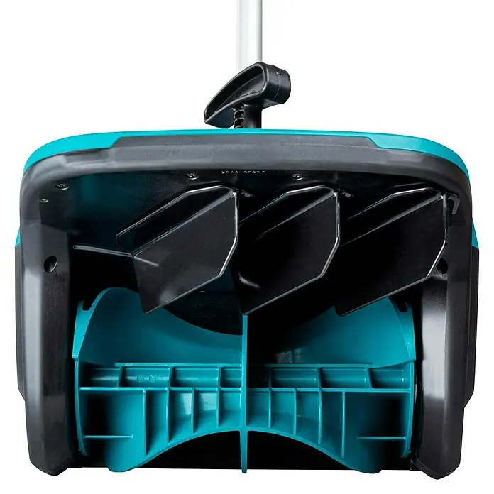 Makita Multifunktionswerkzeug-Zubehör Schneefräsen-Aufsatz SN400MP - Passend für: DUX18, DUX60, UX01G - Unterseite eines türkis-schwarzen Gartengeräts, zeigt schwarze Klingen und türkisen Rollenmechanismus.