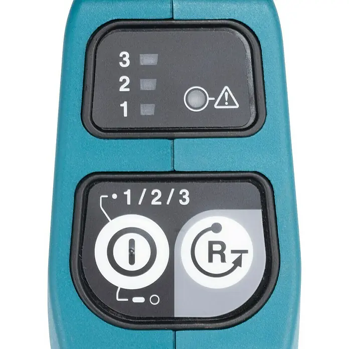 Makita XGT 40V max. Akku-Heckenschere UN001G - 40 V, Li-Ionen, Ohne Akku, Schnittlänge: 600 mm - Nahaufnahme des Bedienfelds eines türkisfarbenen Elektrowerkzeugs mit Geschwindigkeitsanzeigen (1, 2, 3), Betriebs-/Warnleuchten und Tasten für Betrieb und Rückwärts/Reset.