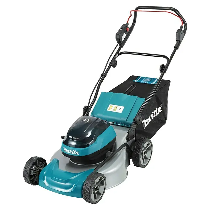 Makita LXT 18V Akku-Rasenmäher DLM466PT2 - 18 V, 2 Akkus, 5 Ah, Schnittbreite: 46 cm - Makita Akku-Rasenmäher in Türkis, Schwarz und Silber, mit schwarzem Grasfangsack und ergonomischem Griff.
