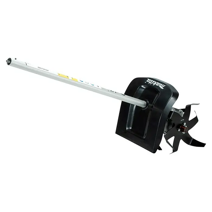Makita Kultivator KR401MP - Passend für: DUX18, DUX60, UX01G - Makita Motorhackenaufsatz mit silbernem Schaft und schwarzen, sternförmigen Hackmessern.