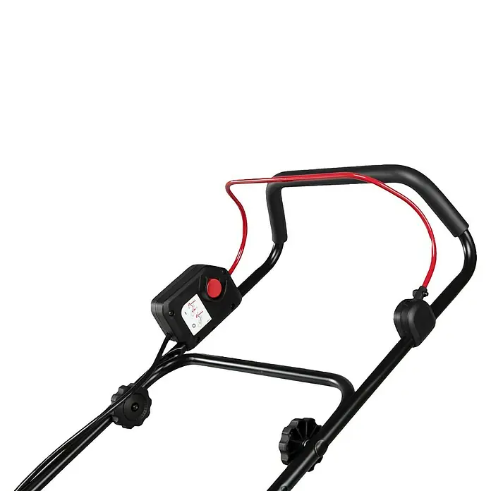 Makita XGT 40V max. Akku-Rasenmäher LM003GZ - 40 V, Ohne Akku, 8 Ah, Schnittbreite: 38 mm - Schwarzer Rasenmähergriff mit rotem Kabel und Sicherheitstaste, integrierter Steuerbox und verstellbaren Knöpfen am Rahmen.