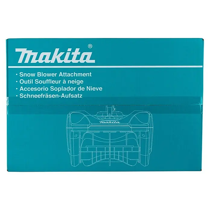 Makita Multifunktionswerkzeug-Zubehör Schneefräsen-Aufsatz SN400MP - Passend für: DUX18, DUX60, UX01G - Türkisblaue Makita-Box für einen Schneefräsen-Aufsatz, mit Logo und weißer Umrisszeichnung des Aufsatzes.