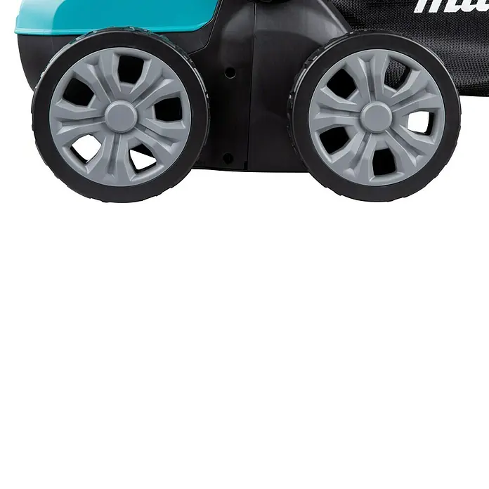 Makita LXT 18V Akku-Vertikutierer DUV320Z - Anzahl Akkus: Ohne Akku, 18 V, Arbeitsbreite: 32 cm - Unterer Teil eines Gartengeräts mit tealfarbenem Gehäuse, schwarzem Körper und grauen Rädern mit schwarzen Reifen.