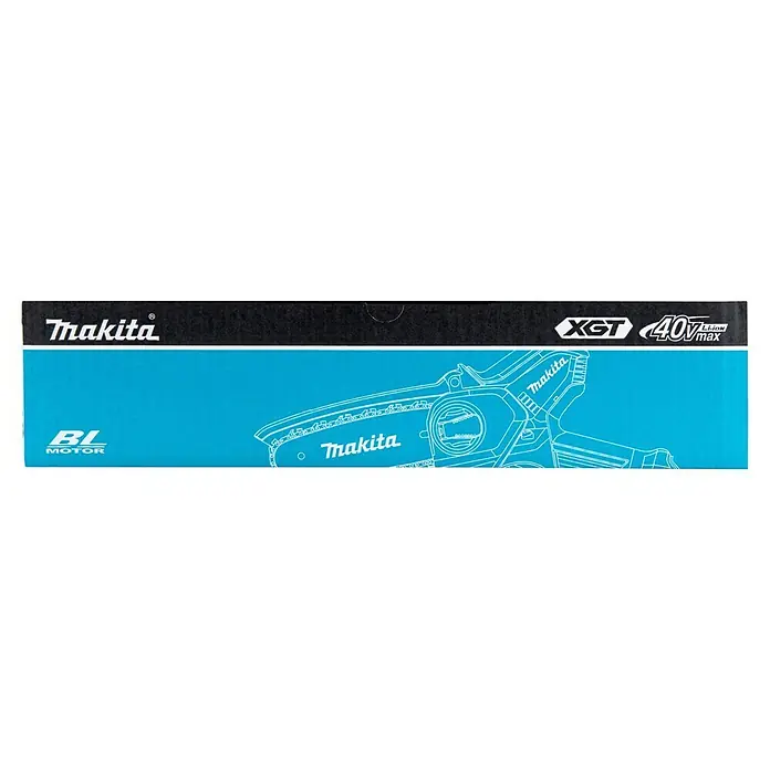 Makita XGT 40V max. Akku-Astsäge UC029GZ - 40 V, Li-Ionen, Ohne Akku, Schwertlänge: 150 mm - Makita Elektrowerkzeugverpackung in Schwarz-Blau mit 'XGT 40V Li-ion max', 'BL MOTOR' und weißer Kettensägen-Umrisszeichnung.