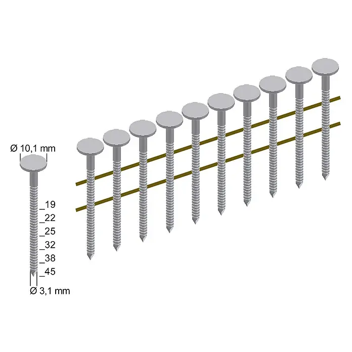 Prebena Dachpappnagel Typ CNZ verzinkt - Länge: 32 mm, 7.200 Stk. - Silberne Magazinnägel mit strukturiertem Schaft und Flachkopf, verschiedene Längen von 19mm bis 45mm, Kopf Ø 10,1mm, Schaft Ø 3,1mm.