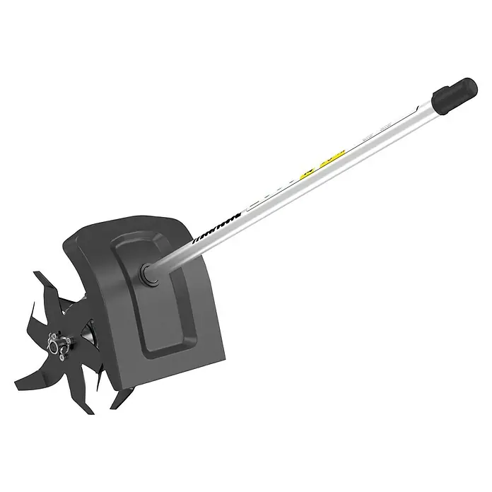 Makita Kultivator Aufsatz KR400MP - 16 cm Arbeitsbreite - Silberner Gartenfräsenaufsatz mit schwarzem Griff und mehrzackigen Kultivierklingen.
