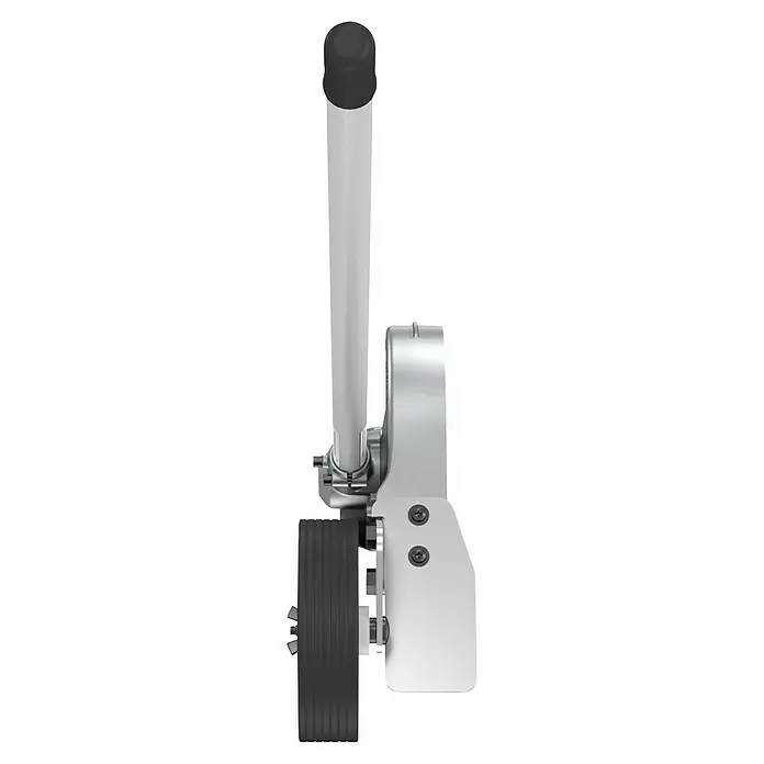 Makita Rasentrimmeraufsatz EE400MP - Passend für: DUX18, DUX60, UX01G - Heller, metallischer Montagearm mit einer schwarz gekappten vertikalen Stange und einem schwarzen geriffelten Rad.