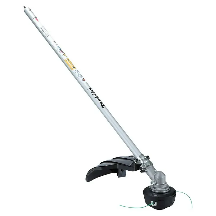 Makita Rasentrimmeraufsatz EM406MP - Passend für: DUX18, DUX60, UX01G - Silberner Motorsense mit schwarzem Schutzblech und Schneidkopf, mit sichtbarer grüner Trimmerlinie.