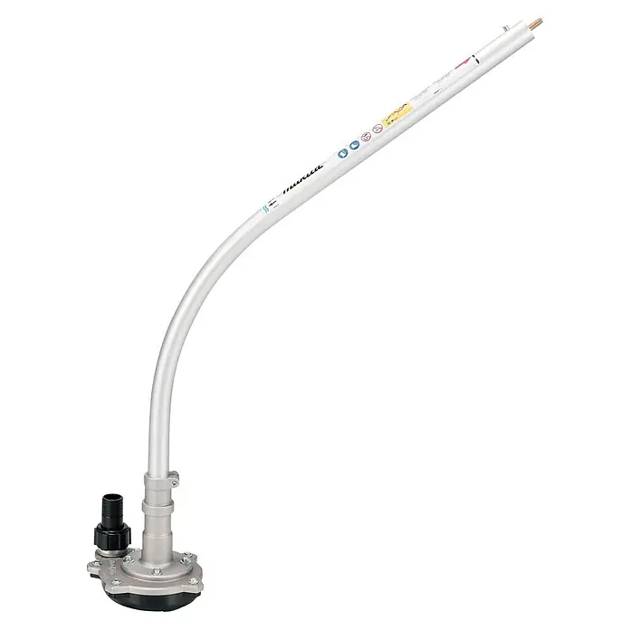 Makita Tauchpumpen-Anschlussstück PF400MP - Passend für: DUX18, DUX60, UX01G - Gekrümmte silberne Welle mit schwarzem Anschluss, wahrscheinlich ein Pumpenaufsatz, mit Warnhinweisen.