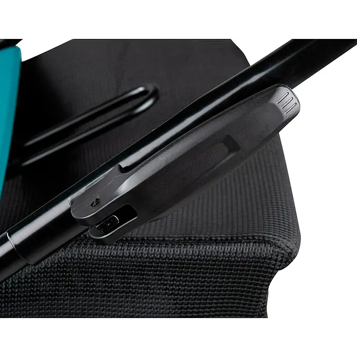 Makita LXT 18V Akku-Vertikutierer DUV320Z - Anzahl Akkus: Ohne Akku, 18 V, Arbeitsbreite: 32 cm - Schwarzer Kunststoff-Verstellmechanismus an einer schwarzen Stange, mit schwarzem Webstoff und einem türkisen Detail.