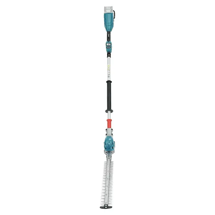 Makita XGT 40V max. Akku-Heckenschere UN001G - 40 V, Li-Ionen, Ohne Akku, Schnittlänge: 600 mm - Eine lange Heckenschere mit Stiel in Petrol, Schwarz und Silber, mit Akkupack und rotem Griff, mit langer Schneide.