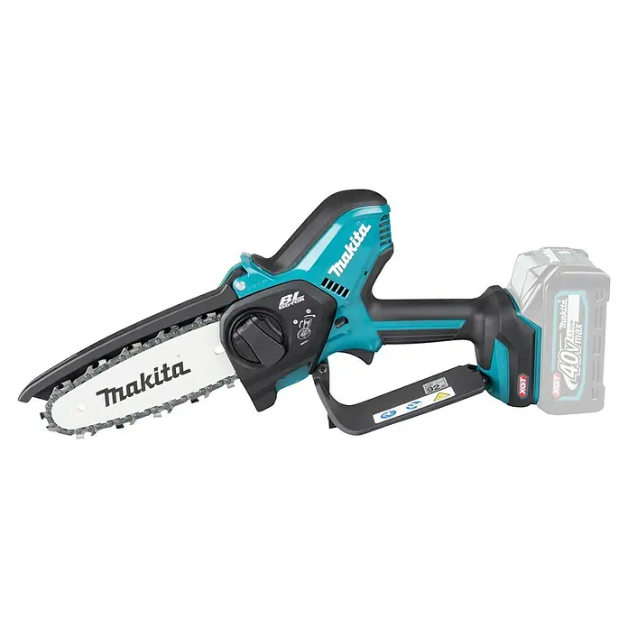 Makita XGT 40V max. Akku-Astsäge UC029GZ - 40 V, Li-Ionen, Ohne Akku, Schwertlänge: 150 mm - Makita 40Vmax XGT Akku-Minikettensäge mit türkis-schwarzem Gehäuse, silberner Kette und Schwert.