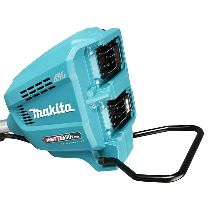 Makita XGT 40V max. Akku-Freischneider UR012GZ06 - 40 V, 8 Ah, Ohne Akku, Schnittbreite Faden: 305 cm - Türkisfarbener Makita-Werkzeugkopf mit zwei Akkuschächten, XGT X2 80V max und bürstenlosem Motor.