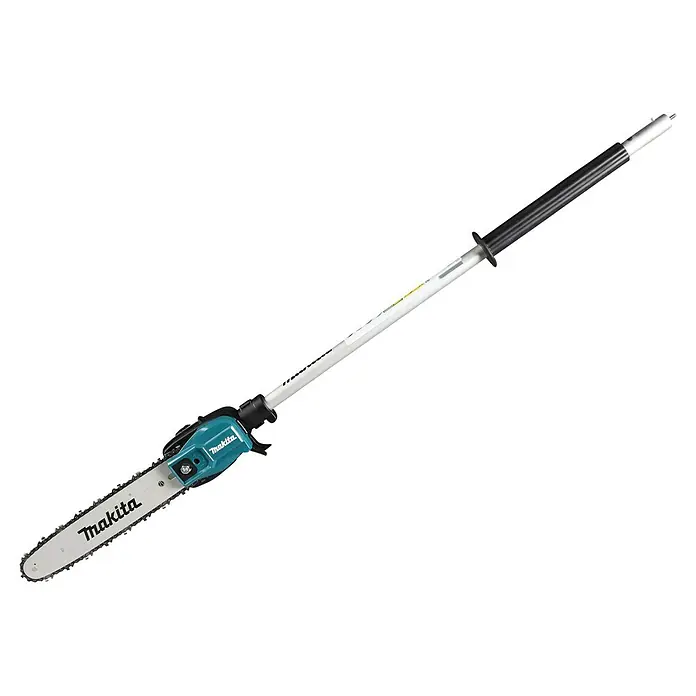 Makita Hochentaster-Aufsatz EY403MP - Passend für: DUX18, DUX60, DUX01G - Makita Akku-Stielkettensäge mit weißem Schaft, schwarzem Griff und türkisfarbenem Kettensägenaufsatz.