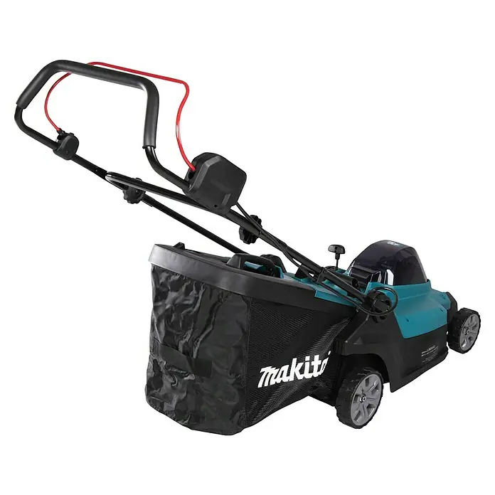 Makita XGT 40V max. Akku-Rasenmäher LM004GZ - 40 V, Ohne Akku, 8 Ah, Schnittbreite: 43 mm - Makita Akku-Rasenmäher mit türkis-schwarzem Gehäuse, rotem Kabel am Lenker und schwarzem Grasfangsack.