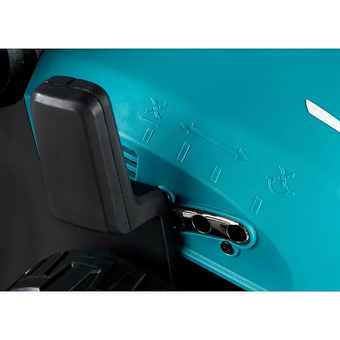 Makita LXT 18V Akku-Vertikutierer DUV320Z - Anzahl Akkus: Ohne Akku, 18 V, Arbeitsbreite: 32 cm - Nahaufnahme eines türkisfarbenen Maschinengehäuses mit schwarzem Hebel, der Symbole zur Schnitthöhenverstellung und einen metallischen Wähler zeigt.