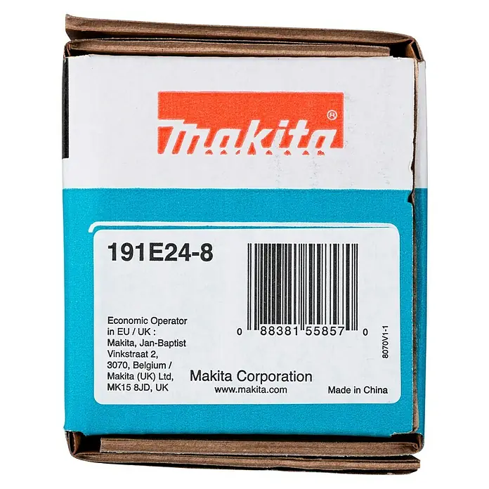 Makita Heckenscheren-Aufsatz LE400MP - Passend für: Makita Heckenscheren- und Hochentasteraufsätze - Makita Produktverpackung, weiß und blau, mit Produktcode 191E24-8 und Barcode sichtbar.