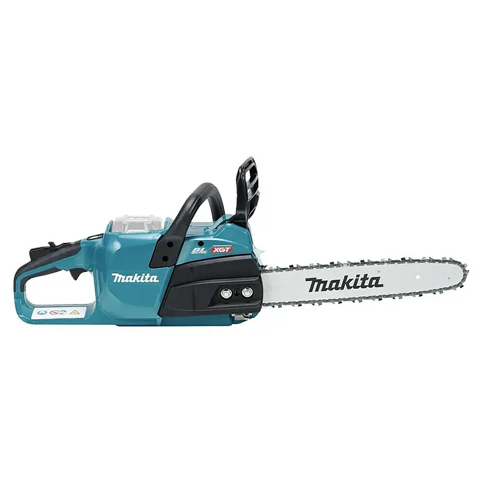 Makita XGT 40V max. Akku-Kettensäge UC025GZ - 40 V, Li-Ionen, Ohne Akku, Schwertlänge: 350 mm - Türkise und schwarze akkubetriebene Makita Kettensäge mit silberner Führungsschiene und Kette, mit Makita-Branding und XGT BL Motor-Logos.