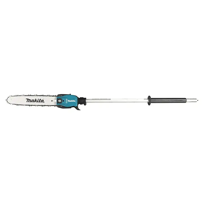 Makita Hochentaster-Aufsatz EY403MP - Passend für: DUX18, DUX60, DUX01G - Makita Astsägen-Aufsatz in Türkis und Schwarz mit weißem Schwert und Silberkette an langer grauer Stange mit schwarzem Griff.