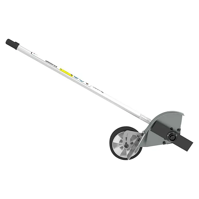 Makita Rasentrimmeraufsatz EE400MP - Passend für: DUX18, DUX60, UX01G - Weißer Schaft-Kantenschneider-Aufsatz mit grauem Schutzgehäuse, weißem Rad und schwarzem Schneidblatt.