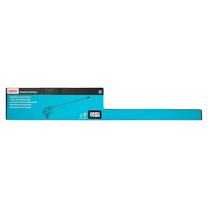 Makita Stahlrad für Motorhacke WA400MP - Passend für: DUX18, DUX60, UX01G - Blaue Makita Unkrautentfernungs-Aufsatz Kartonverpackung mit Produktnamen, mehrsprachigem Text, Werkzeugzeichnung und Spezifikationen.