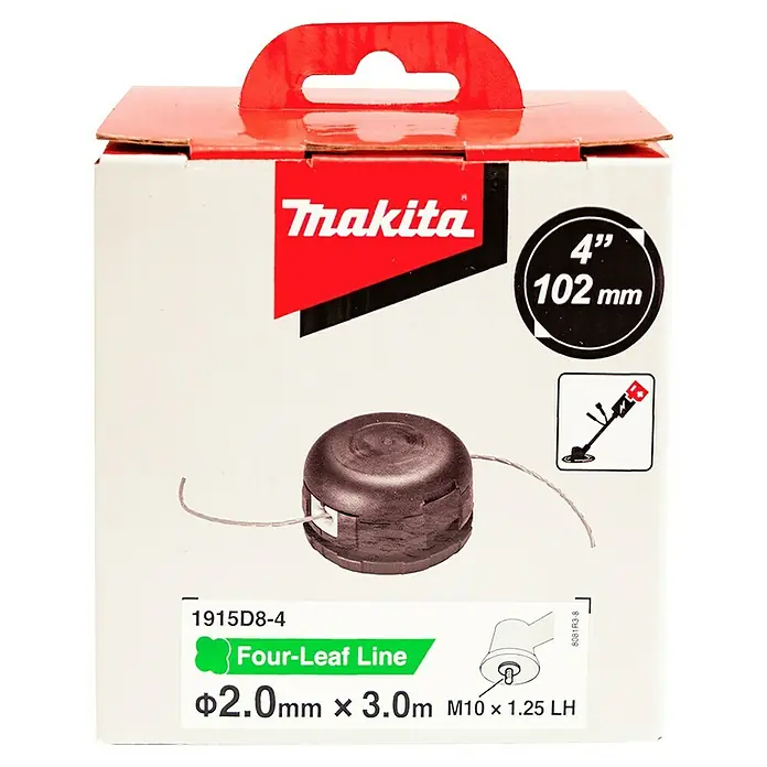Makita Fadenkopf Tap&Go M10 2,0 mm - Fadenlänge: 3 m, Fadenstärke: 2 mm - Makita Rasentrimmerkopf 102mm (4") mit Ø2.0mm x 3.0m Four-Leaf Faden, M10x1.25 LH Gewinde.