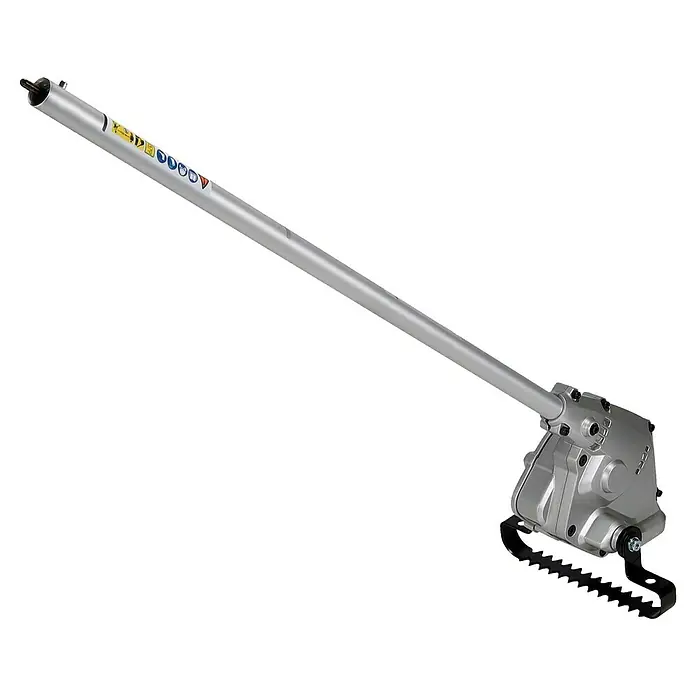 Makita Stahlrad für Motorhacke WA400MP - Passend für: DUX18, DUX60, UX01G - Silberner Hochentaster-Aufsatz mit grauem Metallgetriebegehäuse und schwarzem Sägeblatt.