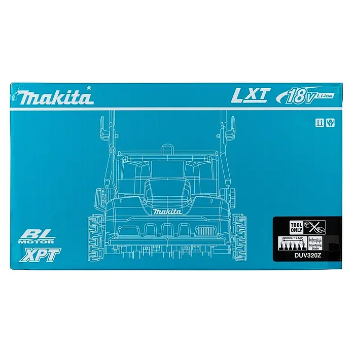 Makita LXT 18V Akku-Vertikutierer DUV320Z - Anzahl Akkus: Ohne Akku, 18 V, Arbeitsbreite: 32 cm - Makita DUV320Z Vertikutierer-Karton, blau mit weißer Bauplan-Grafik des Geräts, zeigt 'LXT 18V Li-ion', 'BL Motor' und '320mm Vertikutierklinge'.