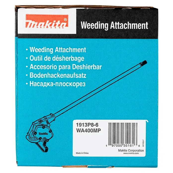 Makita Stahlrad für Motorhacke WA400MP - Passend für: DUX18, DUX60, UX01G - Makita Unkrautentferner-Aufsatz Produktverpackung mit mehrsprachigem Text und einer Umrisszeichnung des Werkzeugs.