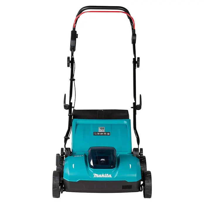 Makita LXT 18V Akku-Vertikutierer DUV320Z - Anzahl Akkus: Ohne Akku, 18 V, Arbeitsbreite: 32 cm - Makita türkiser und schwarzer Elektrorasenmäher mit rotem Kabel am Griff.