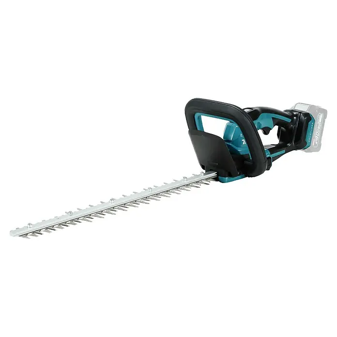 Makita XGT 40V max. Akku-Heckenschere UH020GZ - 40 V, Li-Ionen, Ohne Akku, Schnittlänge: 500 mm - Akku-Heckenschere in Schwarz und Türkis mit langer silberner Klinge und grauem Akku.