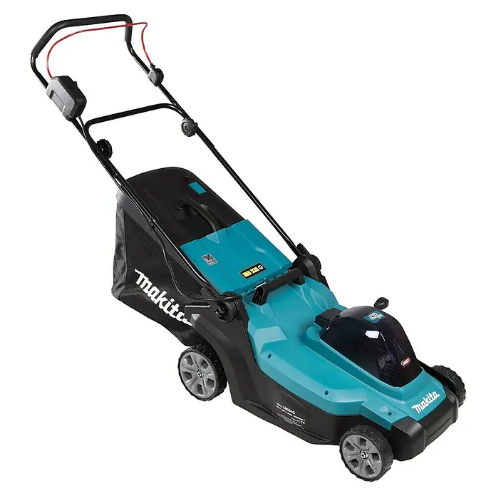 Makita XGT 40V max. Akku-Rasenmäher LM004GZ - 40 V, Ohne Akku, 8 Ah, Schnittbreite: 43 mm - Türkis-schwarzer Akku-Rasenmäher von Makita mit rotem Sicherheitsbügel und hinterem Grasfangkorb, schräg von oben.