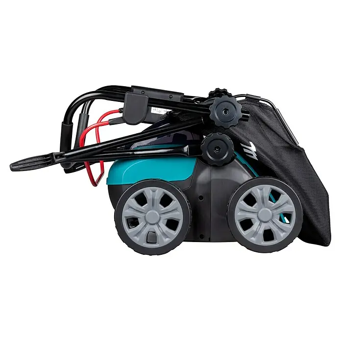 Makita LXT 18V Akku-Vertikutierer DUV320Z - Anzahl Akkus: Ohne Akku, 18 V, Arbeitsbreite: 32 cm - Kompakter, zusammengeklappter Rasenmäher in Schwarz und Türkis mit grauen Rädern und schwarzem Fangsack, zur einfachen Aufbewahrung.