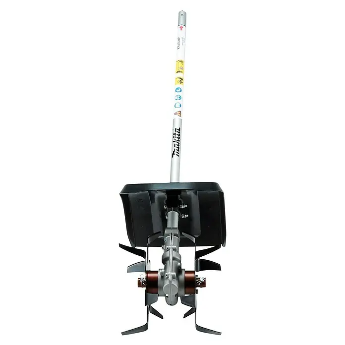 Makita Kultivator KR401MP - Passend für: DUX18, DUX60, UX01G - Makita Gartenhacken-Aufsatz mit silbernem Schaft, schwarzem Schutz und vier Sets rotbrauner Hackmesser zum Bodenlockern.