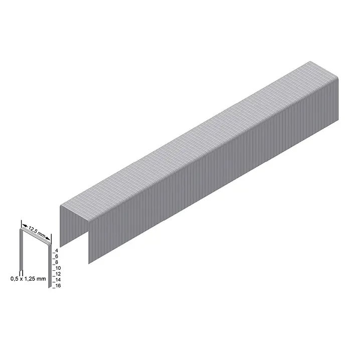 Prebena Heftklammer Typ D - Länge: 10 mm, Rückenbreite: 12,5 mm, 960 Stk. - Graue Metallheftklammern: ein Streifen und eine einzelne Klammer mit Maßen, Draht 0,5x1,25mm, Breite 12,5mm, Schenkellängen 4-16mm.