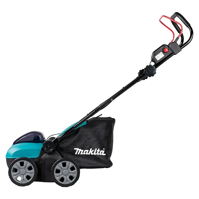 Makita LXT 18V Akku-Vertikutierer DUV320Z - Anzahl Akkus: Ohne Akku, 18 V, Arbeitsbreite: 32 cm - Makita Elektro-Rasenmäher mit türkisem Gehäuse, schwarzem Fangkorb und grauen Rädern.