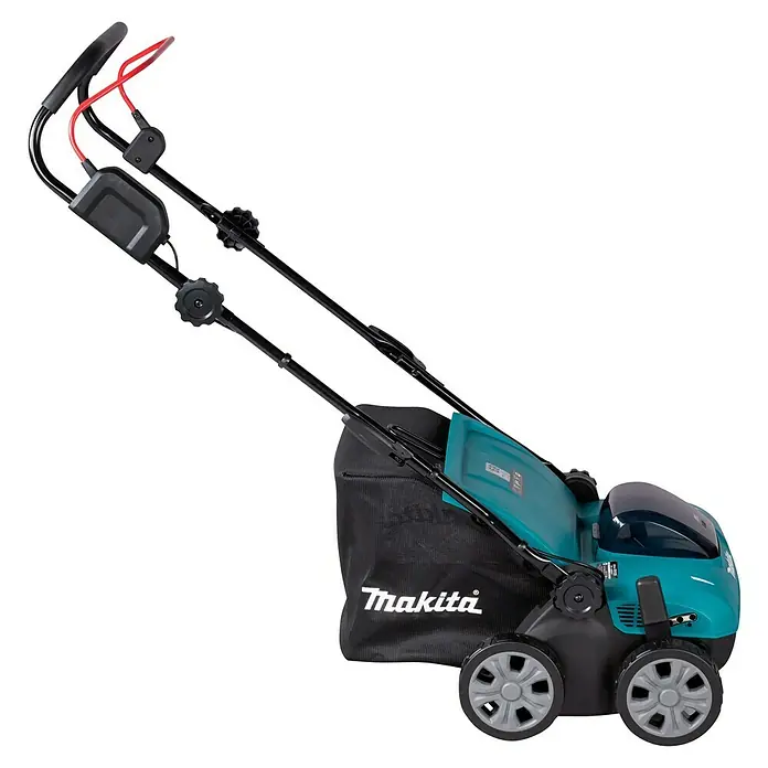 Makita LXT 18V Akku-Vertikutierer DUV320Z - Anzahl Akkus: Ohne Akku, 18 V, Arbeitsbreite: 32 cm - Makita Elektromäher mit türkisem Gehäuse, schwarzem Fangkorb und rotem Griff. Mit schwarzen Rädern und ergonomischem Griff.