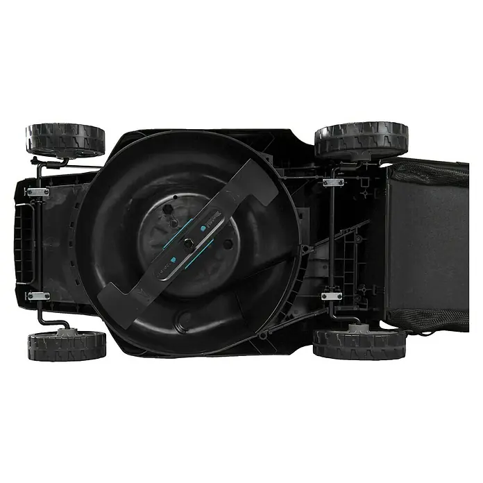 Makita XGT 40V max. Akku-Rasenmäher LM003GZ - 40 V, Ohne Akku, 8 Ah, Schnittbreite: 38 mm - Schwarze Rasenmäherunterseite mit zentralem Messer und vier Rädern.