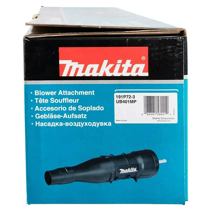Makita Gebläseaufsatz UB401MP - Passend für: DUX18, DUX60, UX01G - Makita Gebläse-Aufsatz 191P72-3 UB401MP, ein schwarzes zylindrisches Werkzeugteil, auf seiner blauen und schwarzen Verkaufsverpackung.