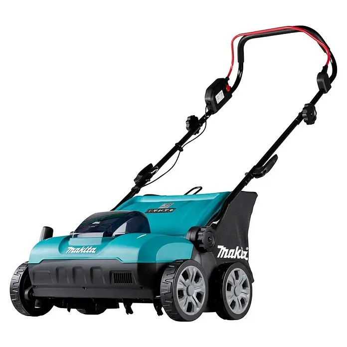 Makita LXT 18V Akku-Vertikutierer DUV320Z - Anzahl Akkus: Ohne Akku, 18 V, Arbeitsbreite: 32 cm - Makita türkiser und schwarzer Elektro-Rasenvertikutierer mit roten Griffakzenten und großen Rädern.