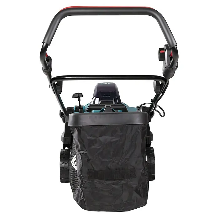 Makita XGT 40V max. Akku-Rasenmäher LM004GZ - 40 V, Ohne Akku, 8 Ah, Schnittbreite: 43 mm - Heckansicht eines Rasenmähers mit schwarzem und rotem Griff, türkisfarbenem Gehäuse und schwarzem Fangkorb.