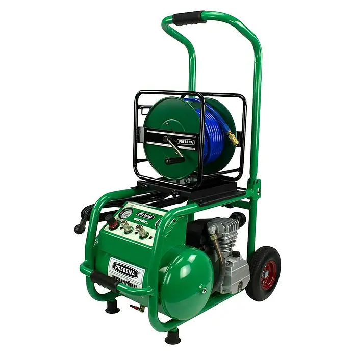 Prebena Kompressor Warrior 255 - Max. Druck: 10 bar, 20 l - Grüner tragbarer Kompressor mit grüner Schlauchrolle und blauem Schlauch, stabilem Rahmen und Rädern.