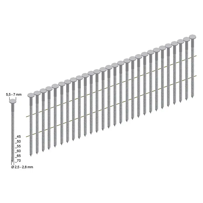 Prebena Coilnagel Typ CNW Blank Ringschaft - Länge: 90 mm, 3.600 Stk. - Kollierte Metallnägel mit Kopf, verschiedene Längen (45-70mm), Schaftdurchmesser (2,5-2,8mm) und Kopfdurchmesser (5,5-7mm) zeigend.